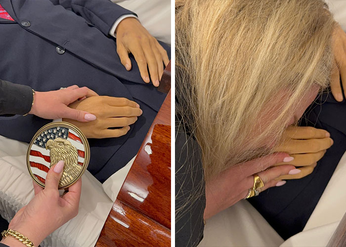 Erika Kirk holding and touching a hand over a suit, reflecting on moment with husband Charlie's body slammed clip. Erika Kirk holding and touching a hand over a suit, reflecting on moment with husband Charlie's body slammed clip.