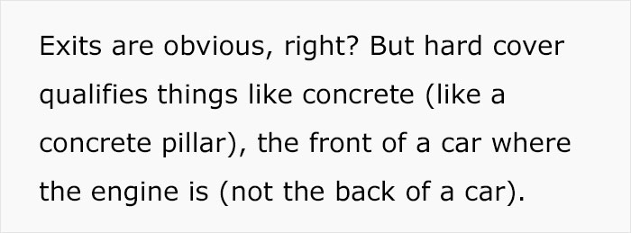 Text explaining that hard cover includes concrete pillars and car engines, key mass shooting survival tips to seek protection. Text explaining that hard cover includes concrete pillars and car engines, key mass shooting survival tips to seek protection.