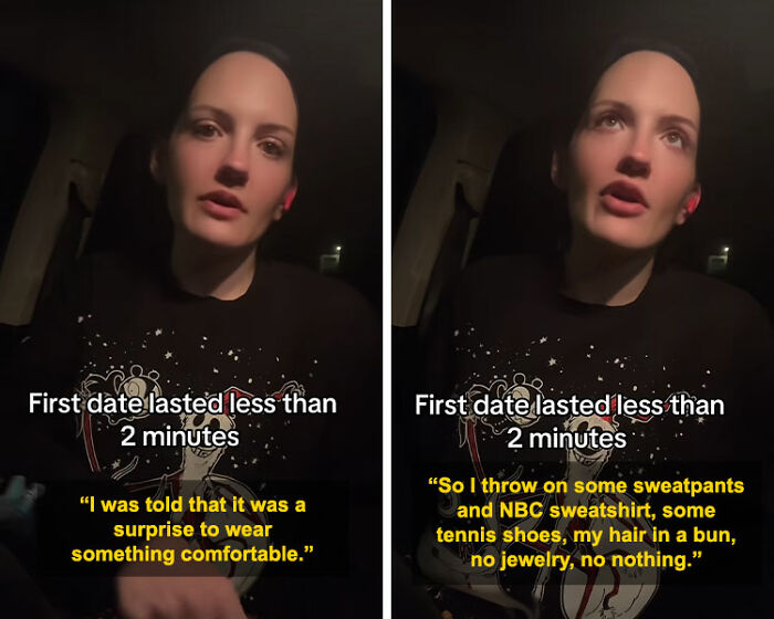 Mulher compartilha a experiência do primeiro encontro, saindo rapidamente após perceber o plano inesperado e o desconforto do homem.