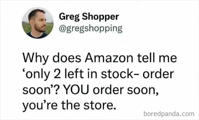 Tweet humor about Amazon stock notification, part of chaotic non-political tweets that made the internet feel fun again.