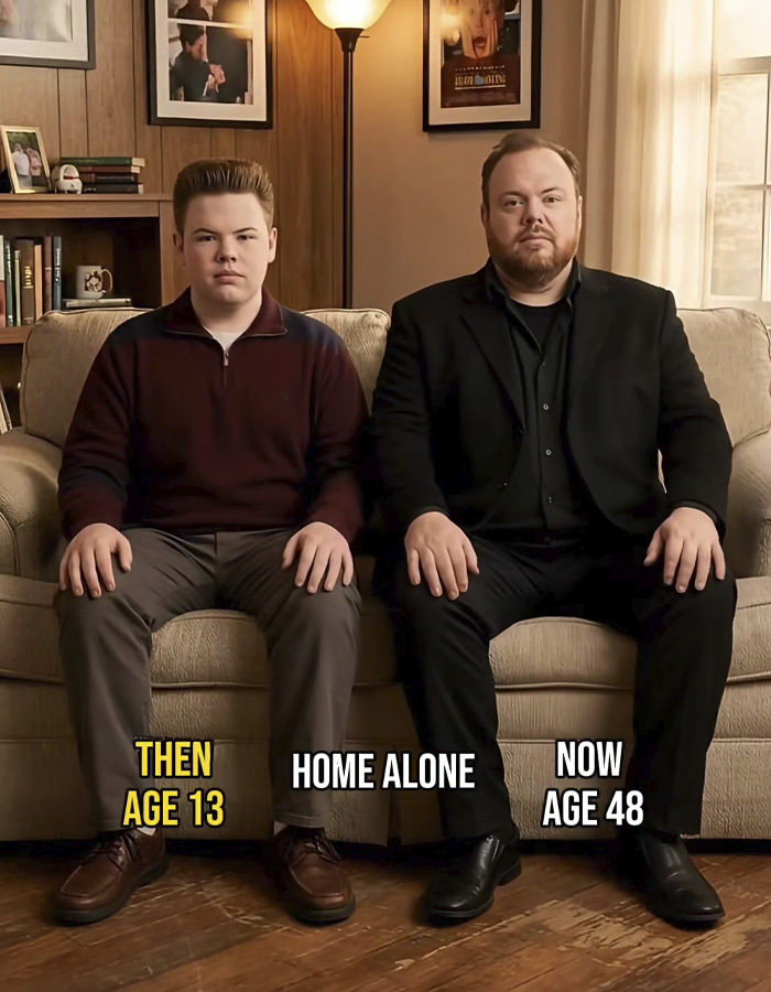 Two men sitting on a couch representing then and now in a viral Home Alone video causing millennials an existential crisis.