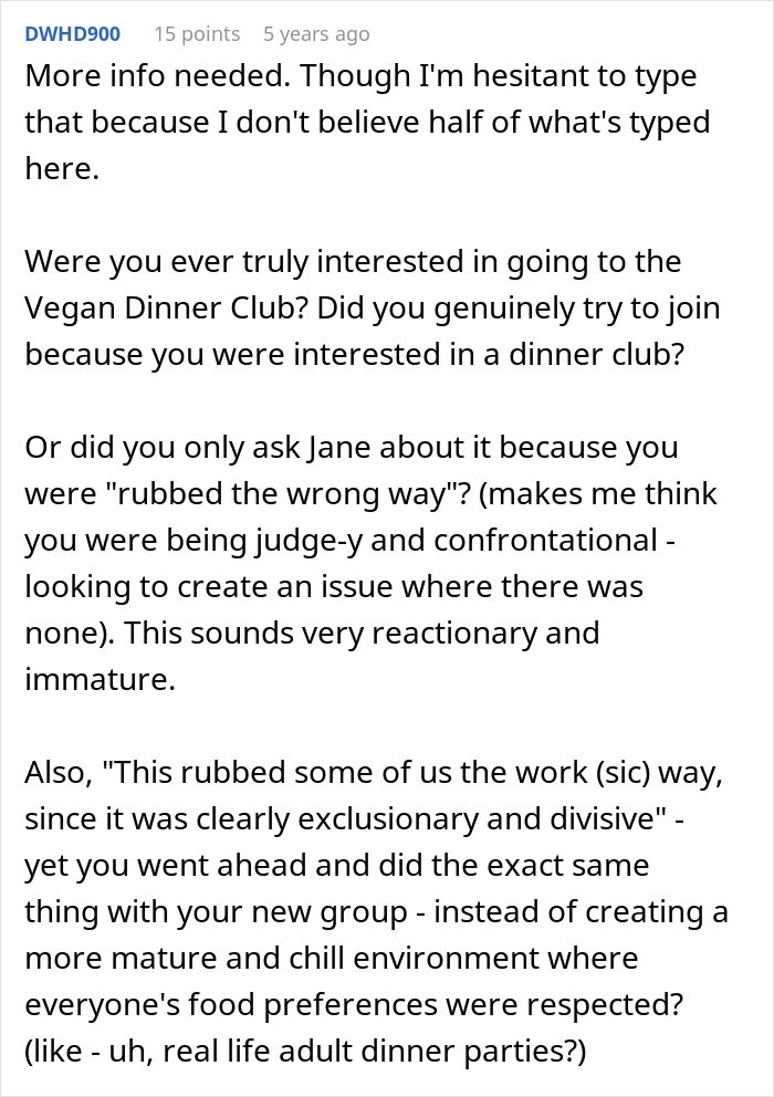 Comment discussing employee pushback against vegan-only club, highlighting conflict and division in workplace dining groups.