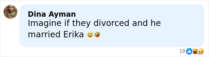 Comment by Dina Ayman speculating about JD Vance's marriage and Erika following a viral hug, shared on social media.