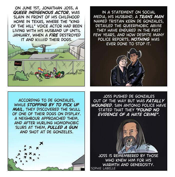 Comic panels by Sophie Labelle depicting LGBTQ+ themes, highlighting the story of a queer Indigenous actor’s tragic death.