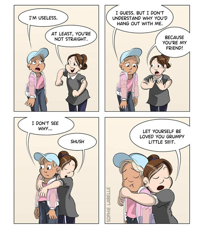 Comic strip by Sophie Labelle showing two characters discussing friendship and support with LGBTQ+ themes.