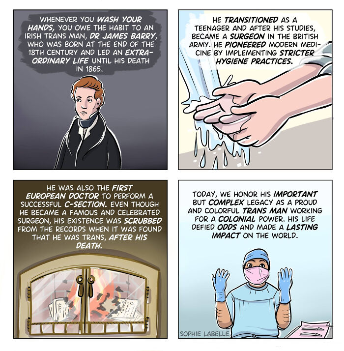 Comic panels by Sophie Labelle highlighting the legacy of an Irish trans man who impacted medicine and hygiene practices.