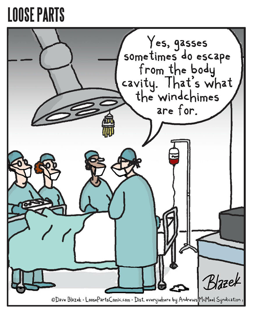 Hospital-themed cartoon showing surgeons in an operating room with a humorous comment about windchimes and body gases.