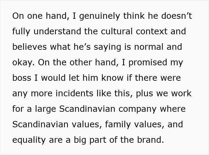 Text passage discussing a coworker conflicted about reporting a guy who told her to stay home and birth babies.