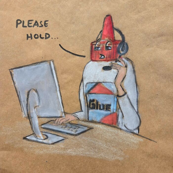 Cartoon of a glue bottle with a headset at a computer saying please hold, dad jokes and puns on kids’ lunch bags.