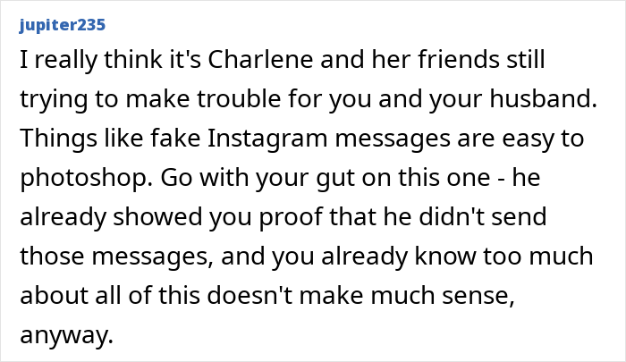 Alt text: Online message discussing proof of husband cheating and the impact of jealous ex-girlfriends causing relationship drama. Alt text: Online message discussing proof of husband cheating and the impact of jealous ex-girlfriends causing relationship drama.