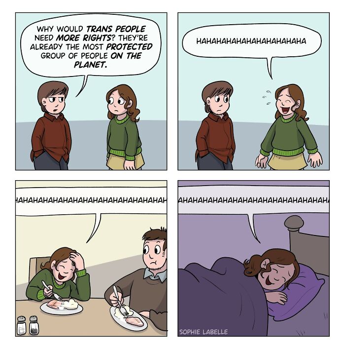 Comic panels by Sophie Labelle featuring a conversation and laughter highlighting LGBTQ+ and trans rights topics.