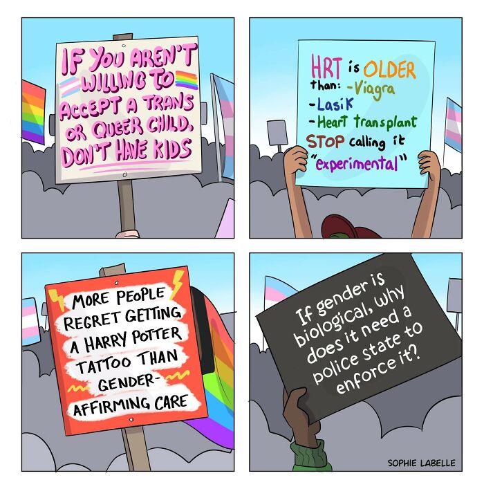 Four-panel comic by Sophie Labelle featuring protest signs about trans acceptance, HRT facts, gender-affirming care, and gender policing.