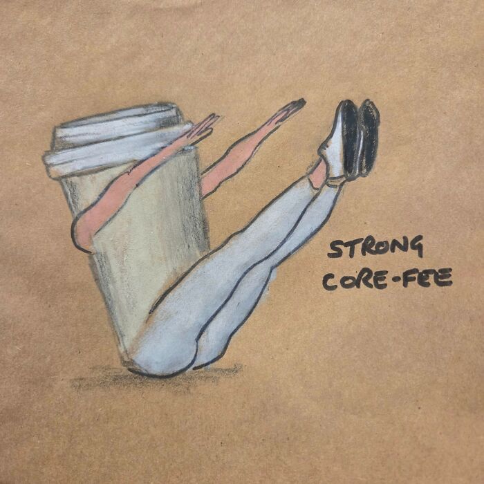 Illustration of a coffee cup doing core exercises with the pun strong core-fee from dad jokes and puns.