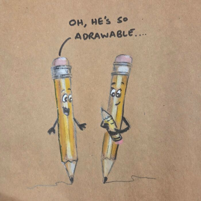 Drawing of two pencils with faces and arms, one holding a pencil sharpener, illustrating dad jokes and puns.