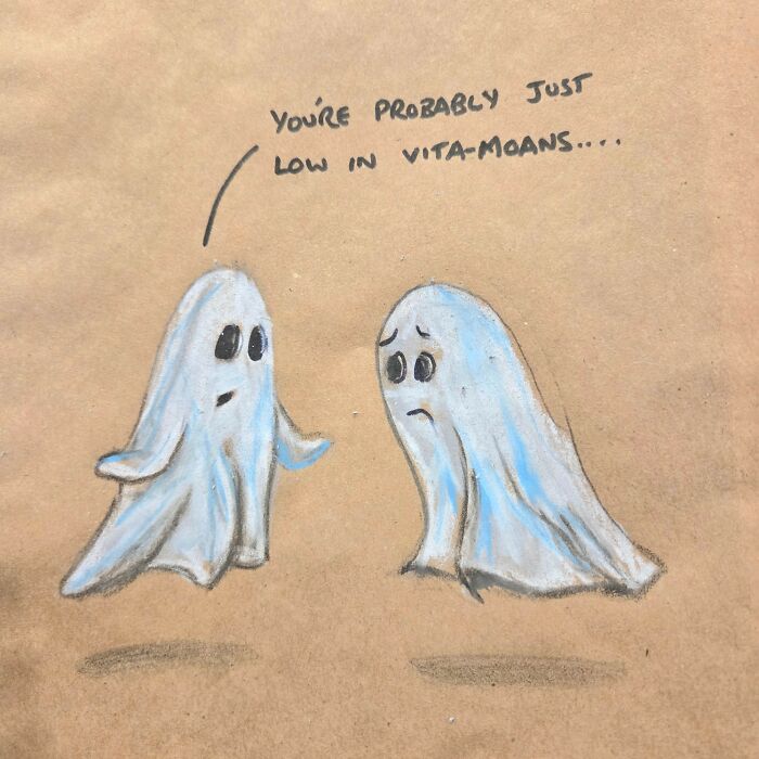 Dad joke drawing on lunch bag shows two sad ghosts with text you're probably just low in vita-moans pun.