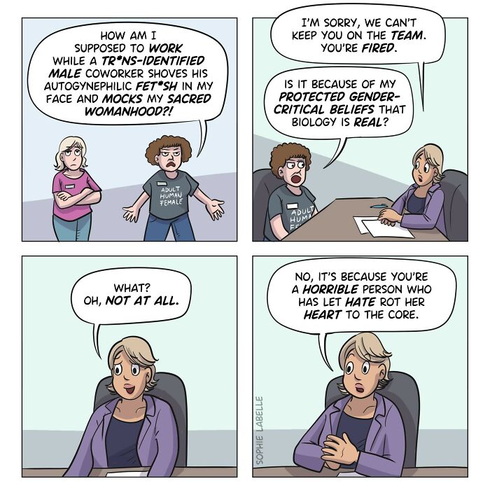 Comic panels by Sophie Labelle depicting a workplace conflict addressing LGBTQ+ issues and gender-critical beliefs.