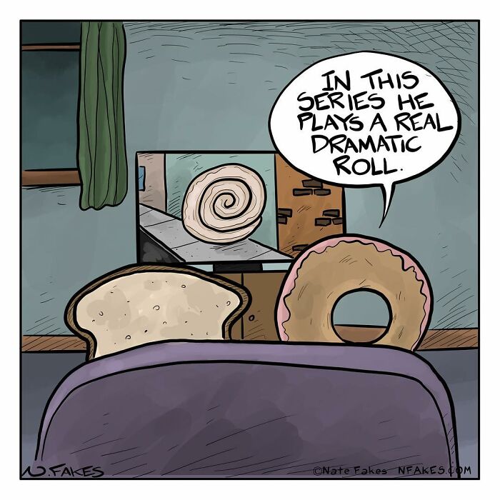 Cartoon by Nate Fakes showing bread and a donut watching a TV with a cinnamon roll, highlighting funny and relatable comics.