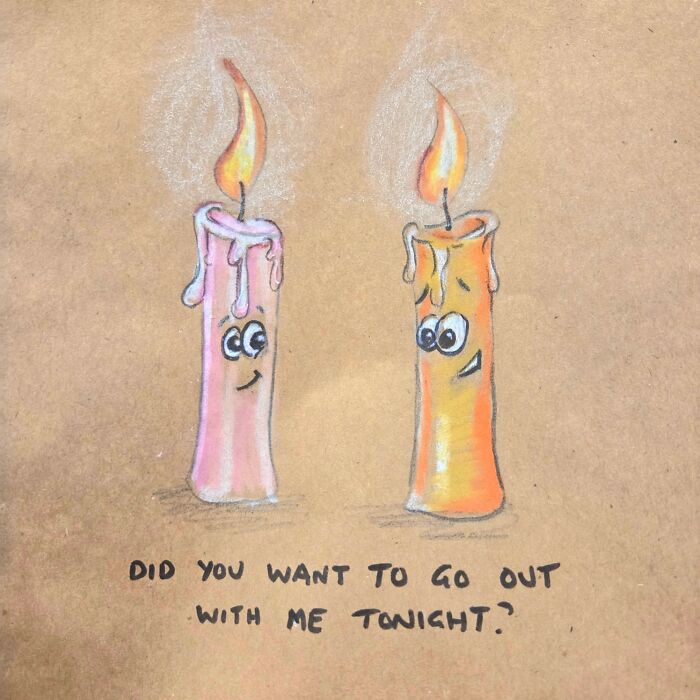 Hand-drawn dad joke on lunch bag featuring two cartoon candles with the pun about going out tonight.