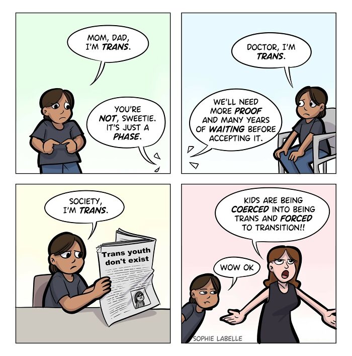 Comic panels by Sophie Labelle showing a trans youth facing rejection and misconceptions about being transgender.