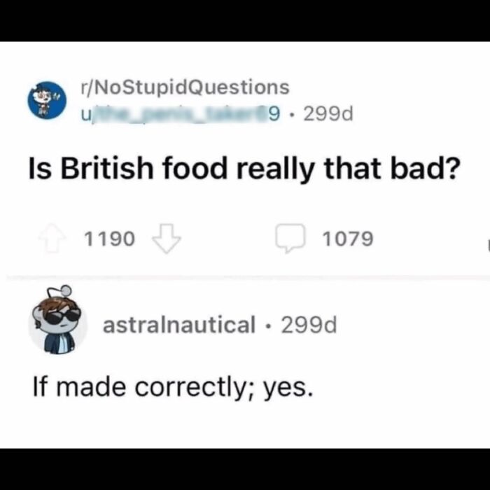 Reddit sarcastic exchange about British food, showcasing humor and the mother of sarcasm in online posts.
