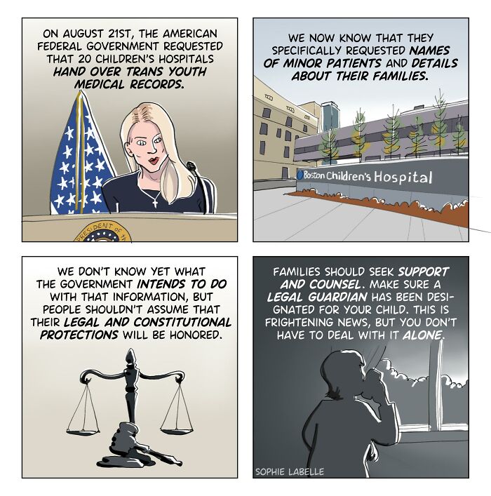 Comic panels by Sophie Labelle highlighting LGBTQ+ topics, focusing on trans youth, legal protections, and family support advice.