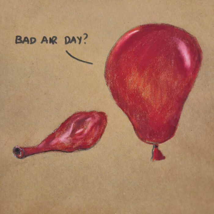 Drawing of a deflated red balloon asking a full balloon "Bad air day?" Dad jokes humor on kids’ lunch bags.