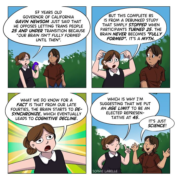 Comic panels by Sophie Labelle discussing LGBTQ+ topics, brain development myths, and age-related cognitive science.