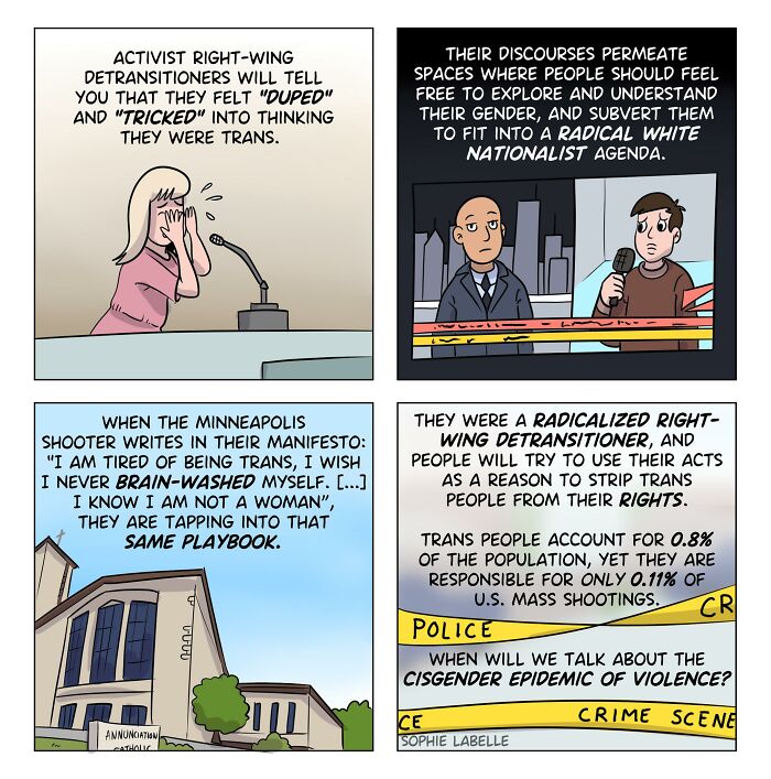 Comic panels by Sophie Labelle discussing right-wing detransitioners and issues faced by trans people in LGBTQ+ topics.