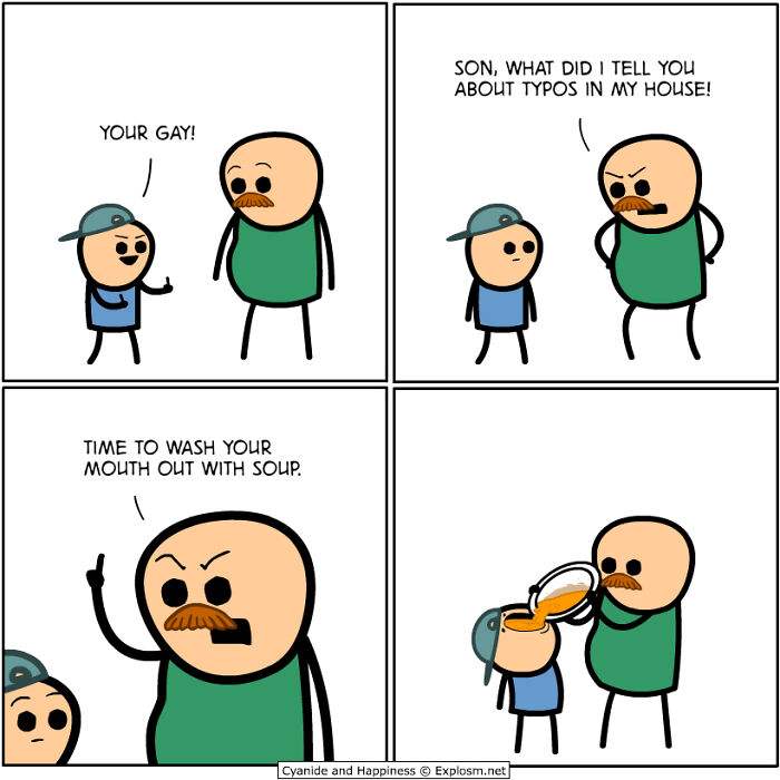 Dark comic by Cyanide and Happiness showing a father correcting his son's typo in a humorous way.