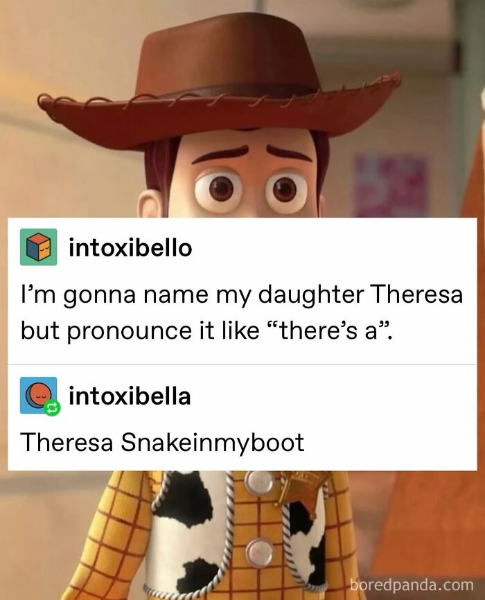 Woody from Toy Story meme with a funny text about naming a daughter Theresa for movie memes.