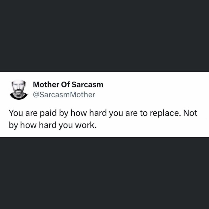 Social media post from Mother Of Sarcasm stating you are paid by how hard you are to replace, not by how hard you work.