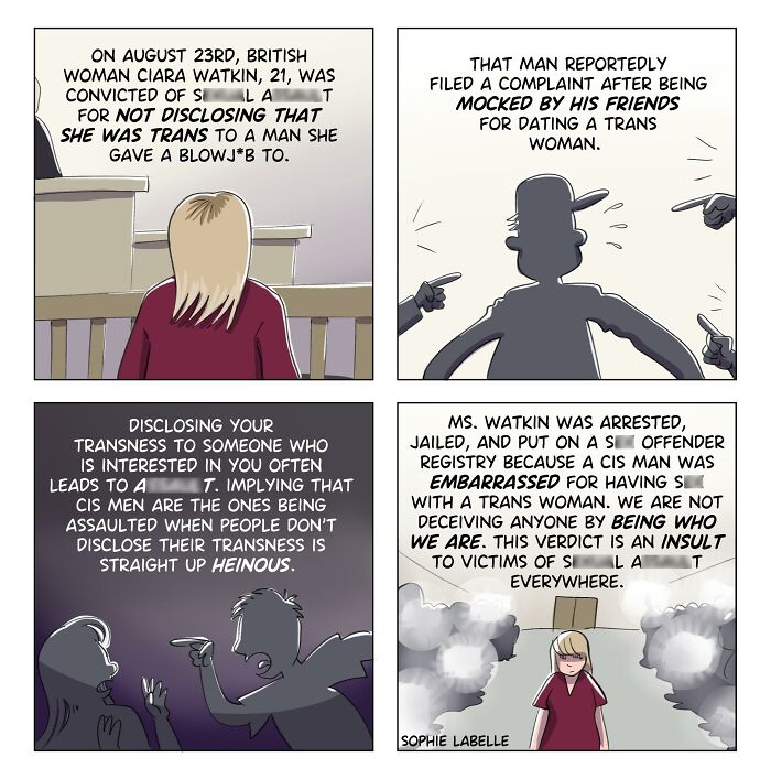 Comic panels by Sophie Labelle addressing challenges faced by trans women, highlighting LGBTQ+ topics and social injustices.