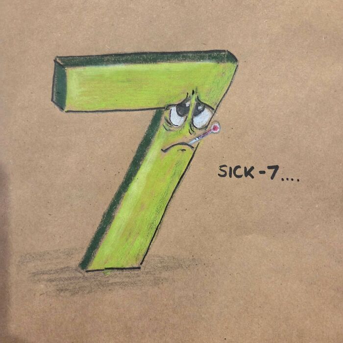 Illustration of a sick number seven with a thermometer, humorously drawn as part of dad jokes and puns on lunch bags.