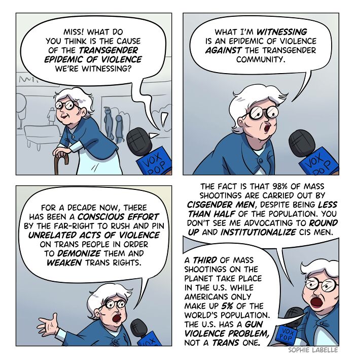 Comic panels by Sophie Labelle addressing transgender violence and mass shootings, highlighting LGBTQ+ topics and social issues.