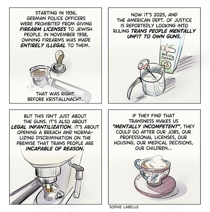 Comic panels by Sophie Labelle depicting challenges faced by trans people, highlighting LGBTQ+ issues and discrimination topics.