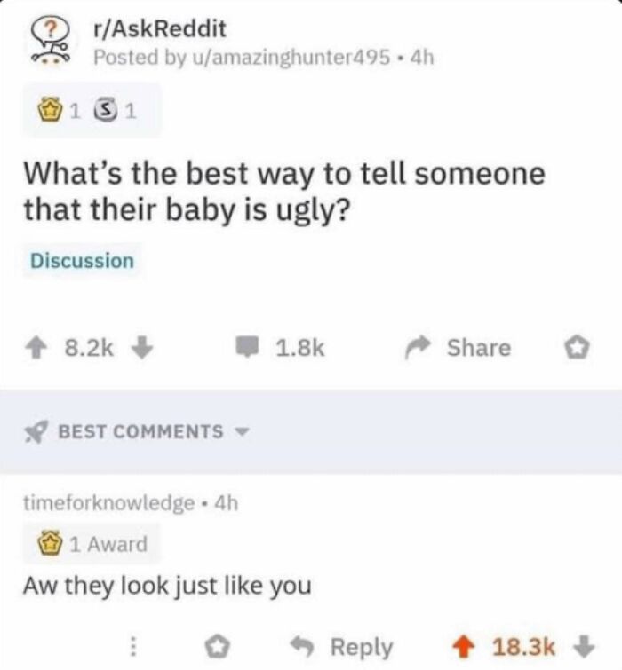 Reddit post humorously discusses the best way to tell someone their baby is ugly, showcasing sarcasm and funny comments.