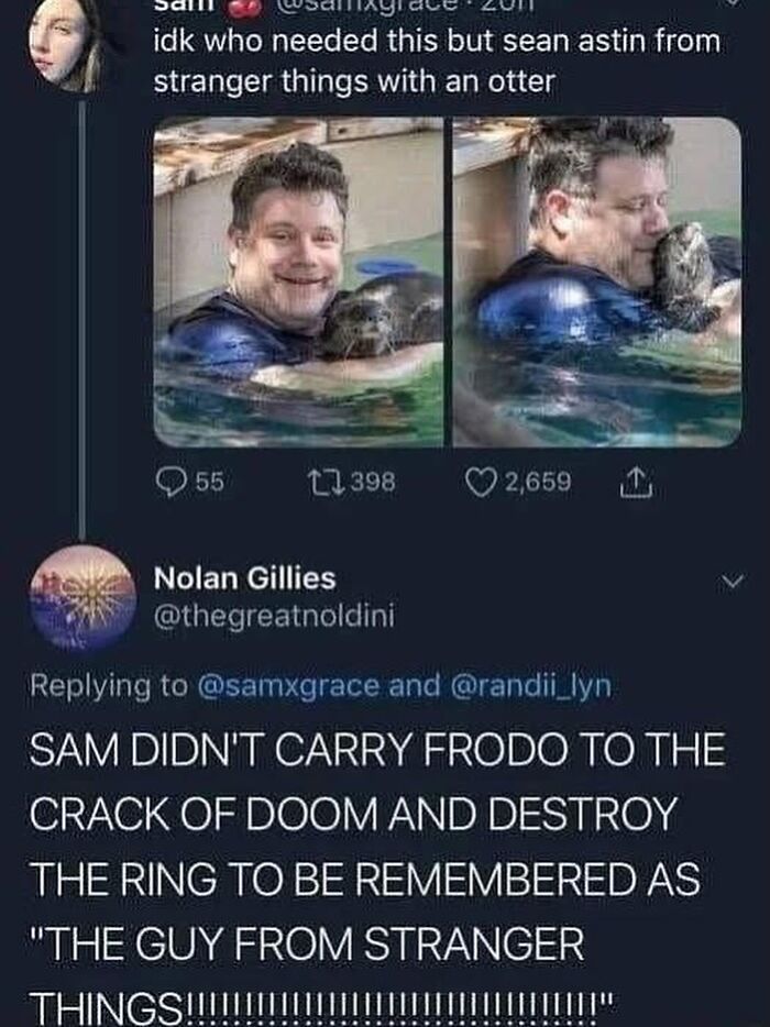 Sean Astin from Stranger Things with an otter meme, part of funny movie memes that are funnier than bloopers.