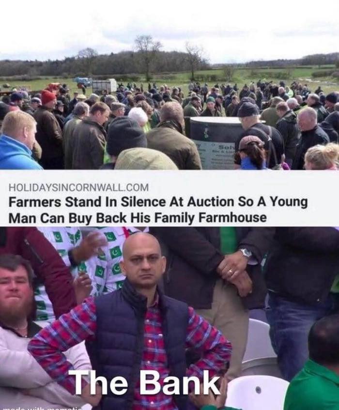 Farmers show solidarity at auction while a young man tries to buy back his family farmhouse in a sarcastic meme.