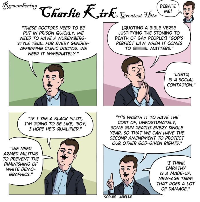 Comic panels illustrating controversial statements by Charlie Kirk, highlighting themes in LGBTQ+ and social issues comics by Sophie Labelle.