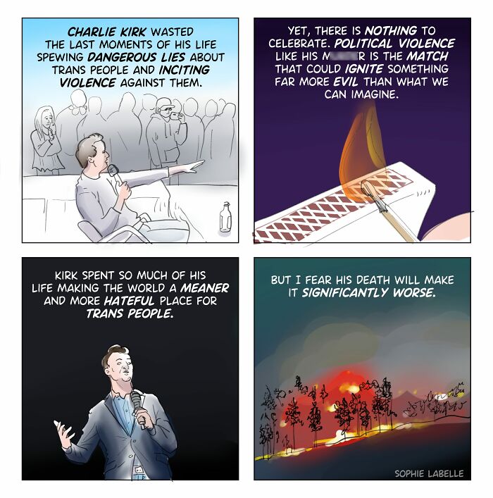 Comic panels by Sophie Labelle highlighting political violence and hate toward trans people, reflecting LGBTQ+ and social issues.