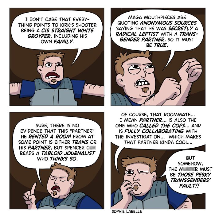 Comic panels by Sophie Labelle featuring a man discussing transgender partners and LGBTQ+ topics in a political context.