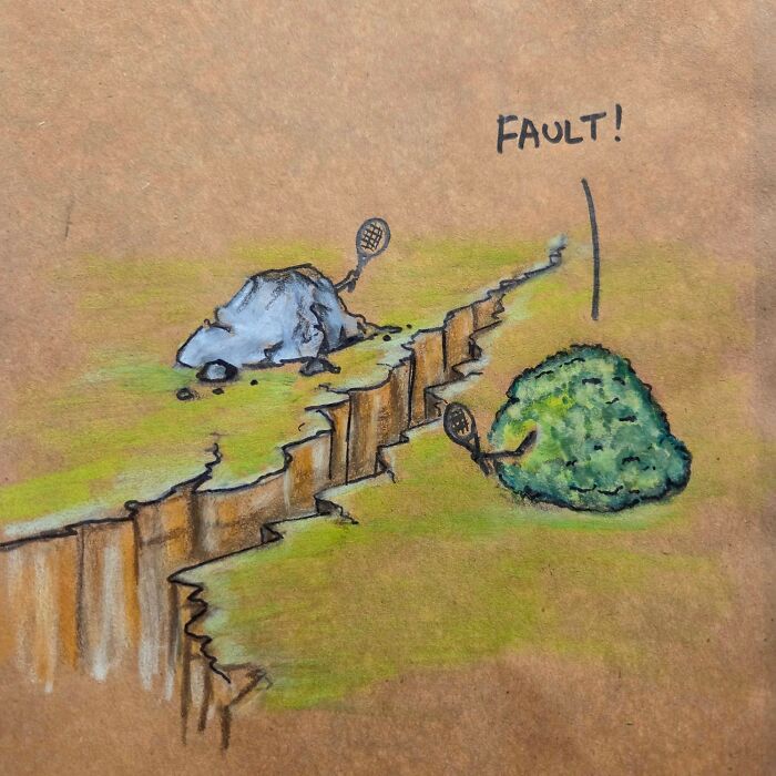 Dad joke drawing on a lunch bag shows a rock and bush playing tennis with a fault line pun.