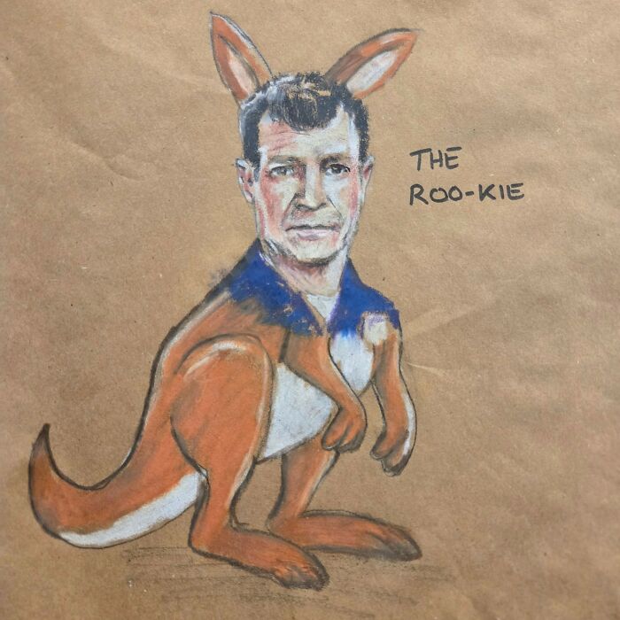 Hand-drawn dad joke pun featuring a man with a kangaroo body and the caption the roo-kie on a lunch bag.