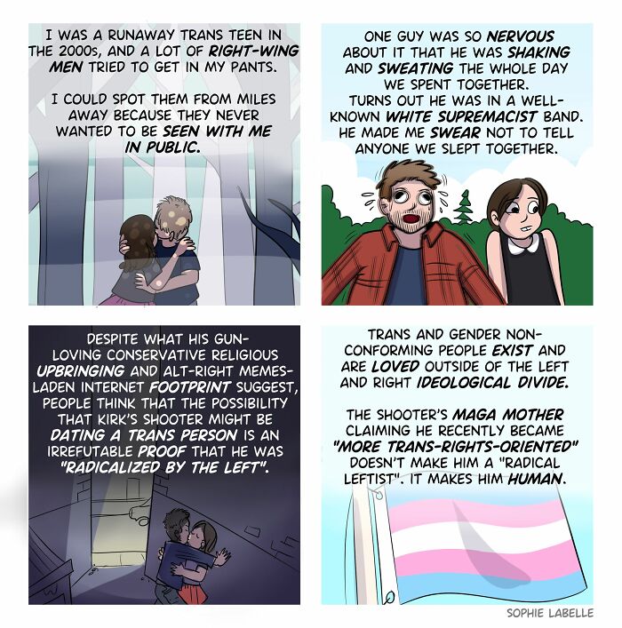 Comic panels by Sophie Labelle depicting LGBTQ+ experiences, focusing on trans identity and challenging ideological divides.
