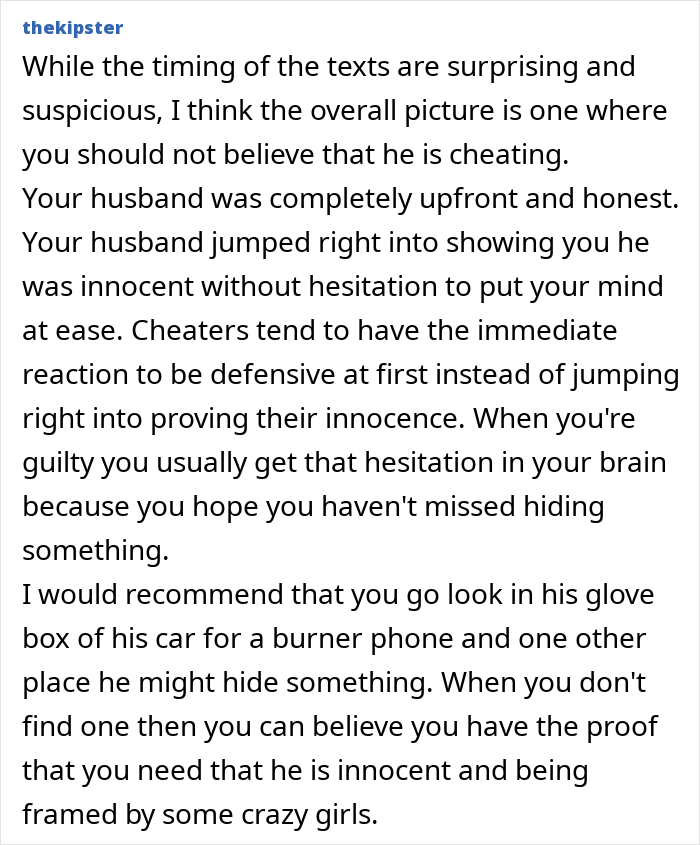 Text excerpt discussing a woman receiving proof of her husband cheating and the role of crazy ex-girlfriends in framing him. Text excerpt discussing a woman receiving proof of her husband cheating and the role of crazy ex-girlfriends in framing him.