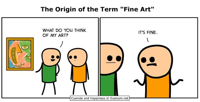 Comic strip by Cyanide & Happiness showing two characters discussing abstract art with a dark humor twist on society.