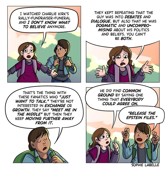 Four-panel comic by Sophie Labelle featuring two characters discussing politics and dialogues, highlighting LGBTQ+ topics and social issues.