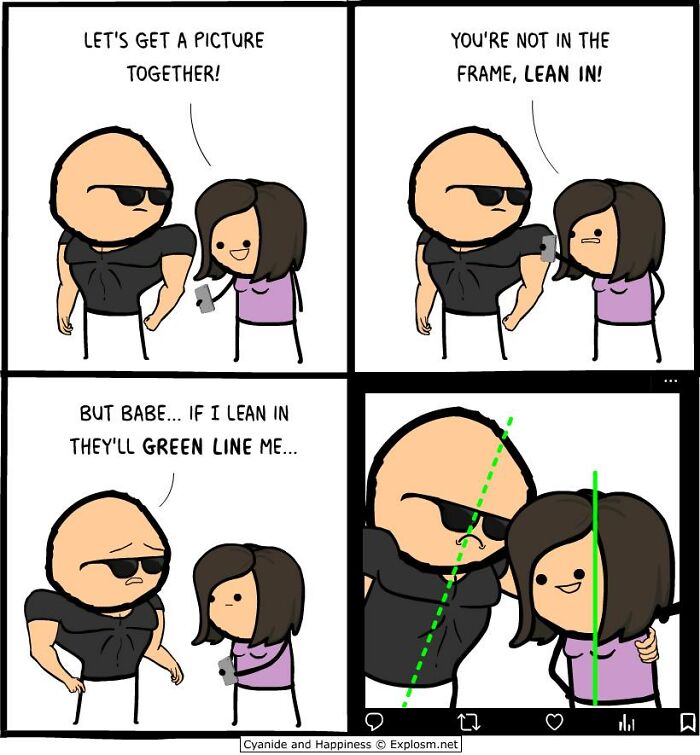 Comic strip about social media green line cropping, illustrating dark humor in today’s society by Cyanide & Happiness.