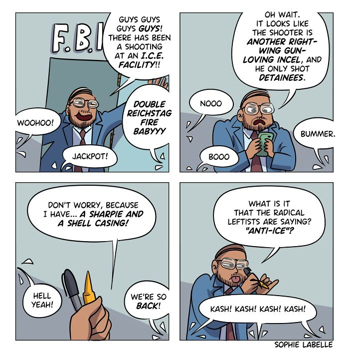 Comic panels by Sophie Labelle featuring a man discussing a shooting, right-wing violence, and radical leftist terms.
