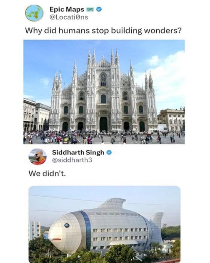 Social media posts humorously debating humanity’s collective brain cell with images of famous and modern architectural wonders.